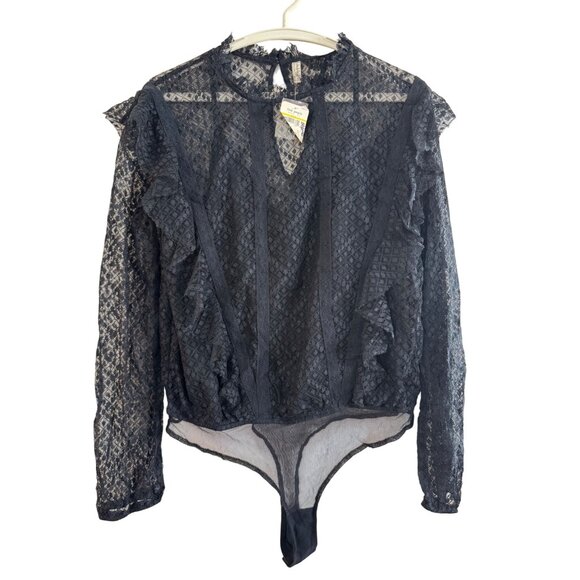 Free People Womens Medium Lace Bodysuit Black Long Sleeve Sheer Diamond Pattern - Picture 1 of 10